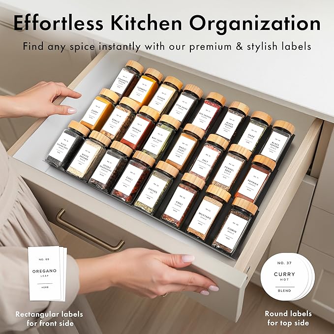 EDELHAUS® Square Spice Jars with Bamboo Wooden Lid (Pack of 24) Spice Jars with Shaker Insert and 240 Labels - Bamboo Lid Glass Container for Spice Organisation [4.3 in × 1.8 in]