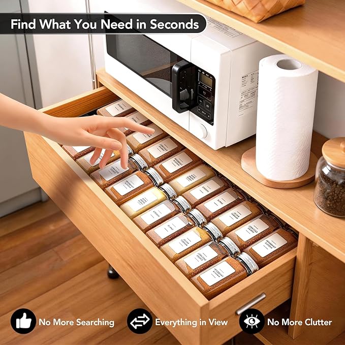 Adjustable 3-Tier Drawer Spice Organizer – Thick Plastic, Non-Slip, Fits 11"-22" Kitchen Drawers, Includes Labels & Funnel (No Jars)
