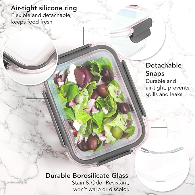 ECOBERI Glass Meal Prep Containers, 5 Piece 4.5 Cup Set, Borosilicate Glass Food Storage with Leak-Resistant Lids, Oven, Microwave, Freezer and Dishwasher Safe