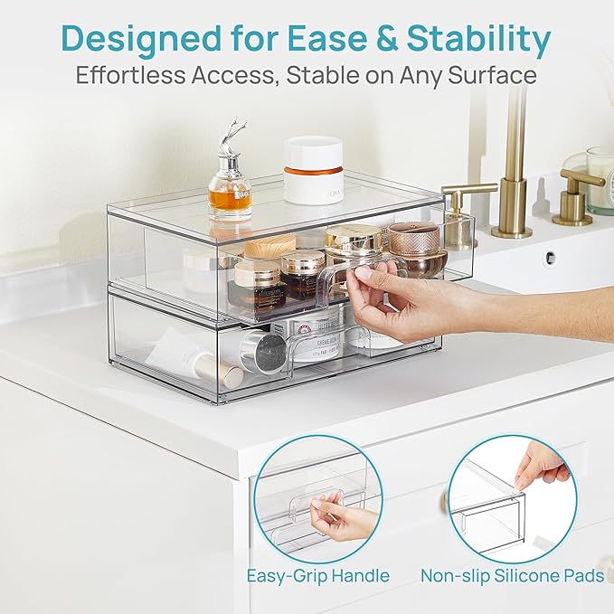 Vtopmart 12.1''W Clear Stackable Storage Drawers,2 Pack Acrylic Plastic Organizers Bins for Makeup Palettes, Cosmetics, and Beauty Supplies,Ideal for Vanity, Bathroom,Cabinet,Desk Organization