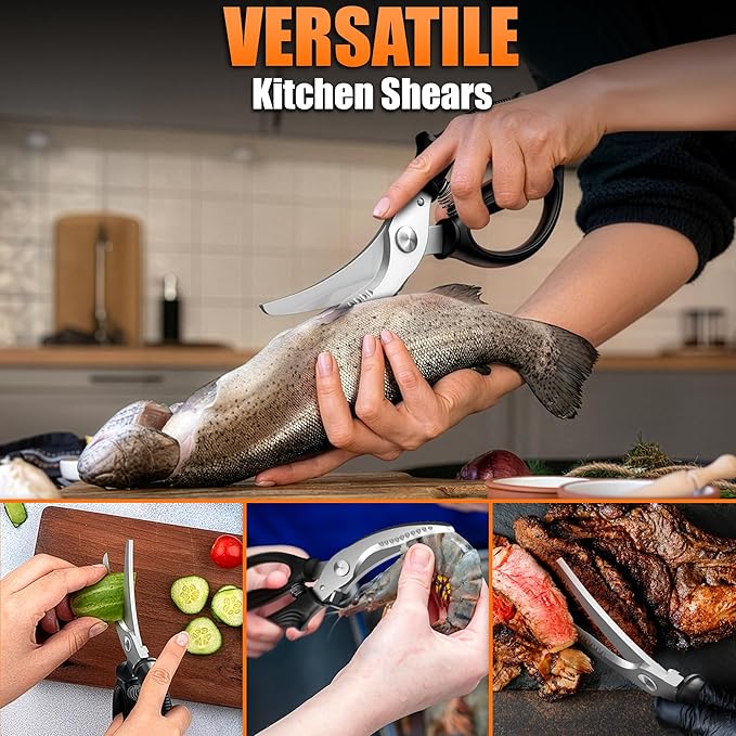 Poultry Shears Heavy Duty – Stainless Steel Chicken Shears with Spring Loaded Design, Non-Slip Serrated Edge & Safety Lock, Dishwasher Safe – Bone Cutting Scissors for Turkey, Poultry & Spatchcock