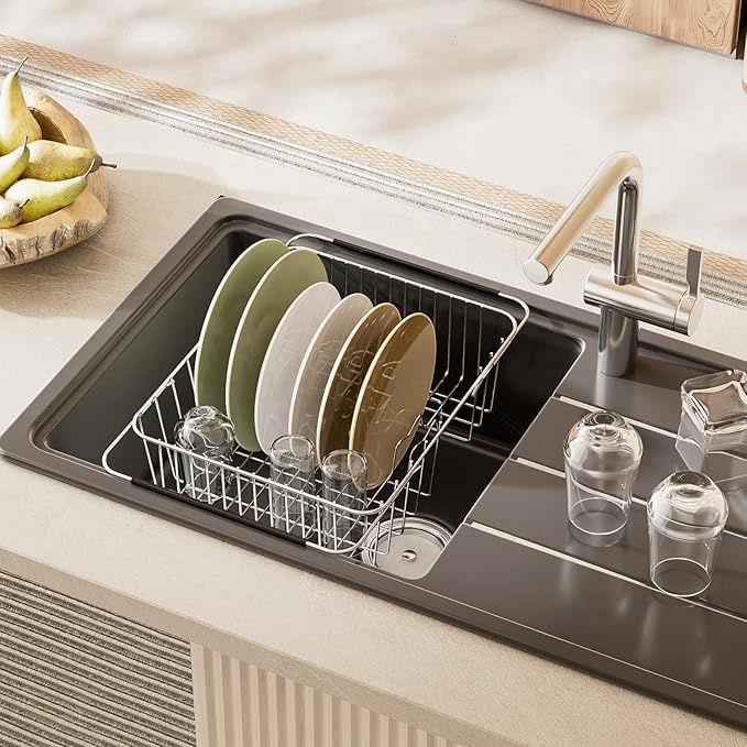 JAQ Over Sink Dish Drying Rack for Medium to Large Sink, Expandable 15.08"–22.4", Adjustable 304 Stainless Steel Dish Drainer with Utensil Holder, Large Capacity Holds Up to 13 Plates