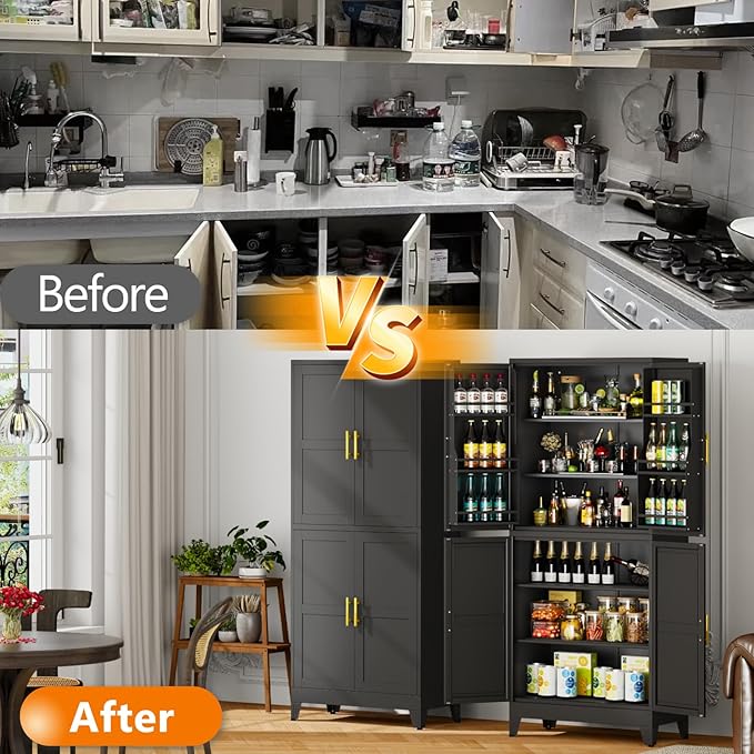 GAIOUS 74.8" Tall Metal Food Cabinet, Black Kitchen Pantry Cabinet, Storage Cabinets with 4 Door and 4 Adjustable Shelves, Steel Freestanding Cupboard for Kitchen Dining Room Living Room Bathroom