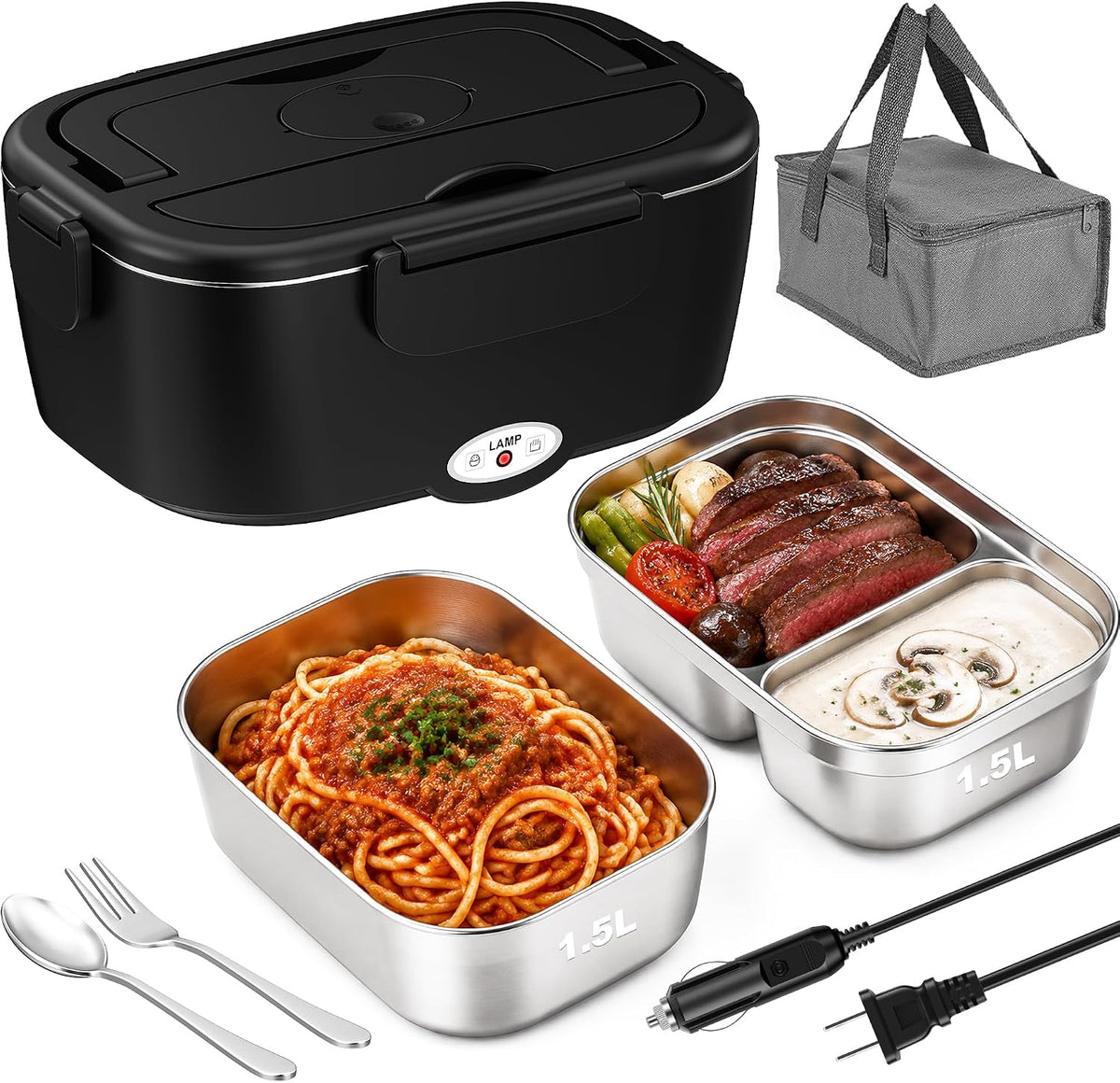 80W Electric Lunch Box Food Warmer for Car/Truck/Office, 110V/24V/12V Portable Heated Lunch Box for Adults, Dual 1.5L Stainless Steel Containers, Leak-Proof & Fast Heating, 3-in-1 Design
