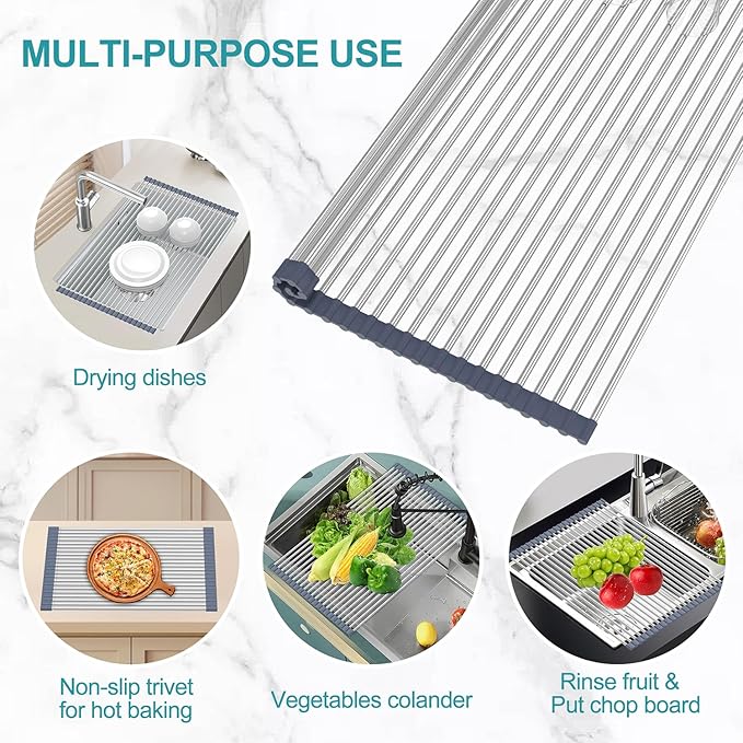 BBXTYLY Extra Large Expandable Roll Up Dish Drying Rack,Over The Sink Drying Rack Sink Cover Kitchen Sink Accessories Kitchen Rolling up Stainless Steel Drainer, Foldable,Rollable（Grey，22.8''-17.3''）