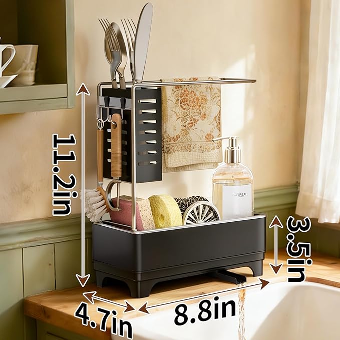 MOUKABAL Sponge Holder for Kitchen Sink, 2-Tier Sink Caddy Organizer with Drain Holes and Hooks, Holds Dishcloth, Sponge & Brushes, Kitchen Countertop Storage for New Home Essentials Black