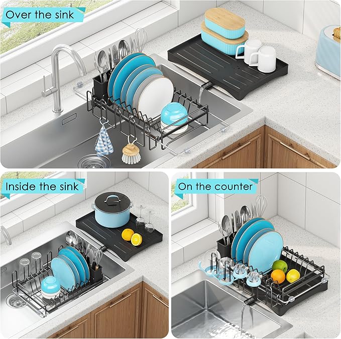 ANTOPY Dish Drying Rack in Sink, Expandable Rustproof Dish Rack for Kitchen Counter, Over the Sink Dish Drainer with Utensil Holder, Cup Rack, Drainboard, Space Saving Dish Dryer Rack for Inside Sink