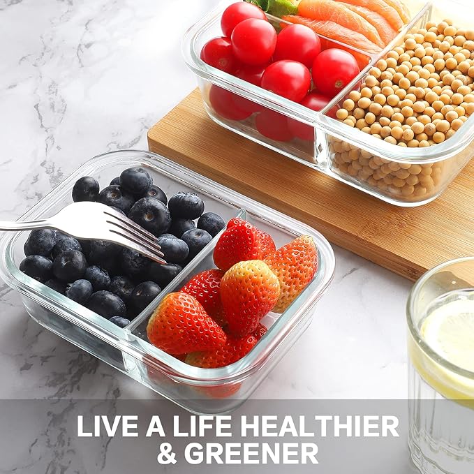 Bayco 9 Pack Glass Meal Prep Containers - 3, 2 & 1 Compartment Glass Food Storage Containers with Lids, Airtight & Leak Proof Lunch Bento Boxes - Grey