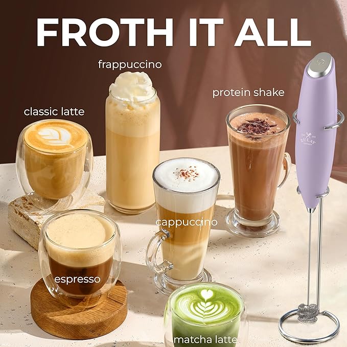 Zulay Kitchen Powerful Milk Frother Wand With Duracell Batteries - Ultra Fast Handheld Drink Mixer - Electric Whisk Foam Maker for Coffee, Lattes, Cappuccino & Matcha - Triple Whisk - Orchid Lilac
