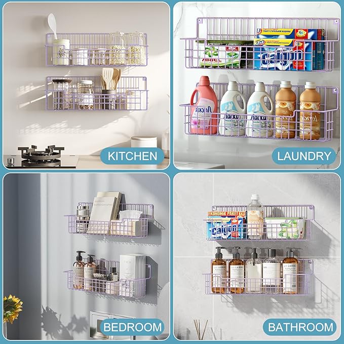 Spice Rack Wall Mount, Spice Organizer for Cabinet & Pantry Door, Set of 4 Hanging Spice Rack Saving Space for Kitchen, Purple