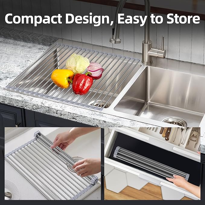 Roll Up Dish Drying Rack Over Sink, 17" x 15.7", Stainless Steel with Non-Slip Silicone Ends, Gray