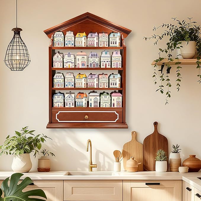 Vintage Wooden Spice Rack with Drawer and 4 Shelves, Wall Mounted Spice Village Display Shelf for Kitchen Storage, Holds 24 Jars, 22 x 17 x 4 Inches, Rack Only