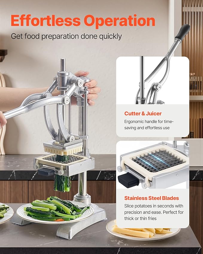 VEVOR French Fry Cutter, Ergonomic Potato Slicer with 3 Blades (1/2", 3/8", 1/4") & Juicer Plate, Easy-Replace Vegetable Chopper Dicer for Carrot, Onion, Lemon, Ideal for Home & Commercial Kitchens