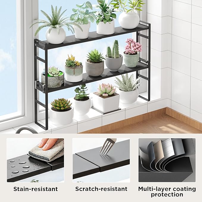 2 Tier Expandable Stackable Narrow Shelf Organizer, Tall Countertop Organizer for Tight Spaces, Windowsill Plant Stand, Over-Sink/Faucet Shelf, Kitchen Storage, Bathroom Vanity, Laundry Room (Black)
