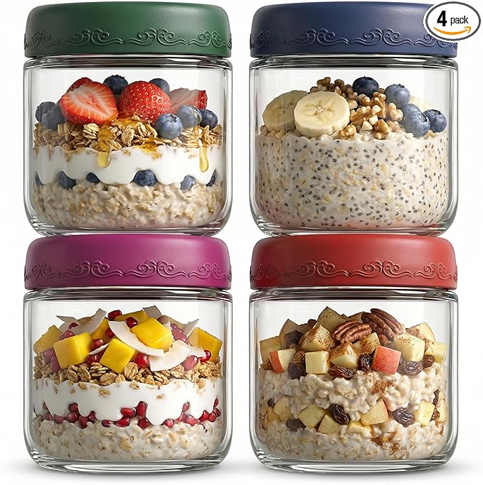 10oz 4Pack Glass Overnight Oats Jars Containers with Airtight Leakproof Lids, Reusable Mason Jars for Meal Prep, Yogurt Parfaits, Smoothies, Salads & Healthy Breakfasts (10 OZ-4-1)