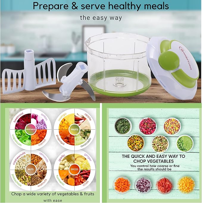 Brieftons QuickPull Manual Food Chopper: Large 4-Cup Powerful Hand Pull Chopper/Mincer/Mixer Blender to Chop Onion, Garlic, Vegetables, Fruits, Herbs for Salsa, Salad, Pesto, Puree, Indian Cooking