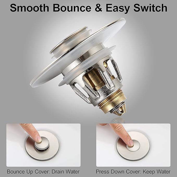 Universal Bathroom Sink Stopper - Bounce Wash Basin Drain Filter, Brushed Nickel Pop Up Drain Stopper, Bullet Core Push Type Sink Stopper, Sink Drain Plug with Anti-Clogging Strainer, for 1.1-1.5 inch