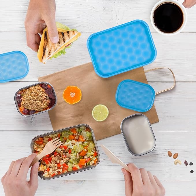 Tanjiae Small Stainless Steel Lunch Containers for Kids | Leak Proof Snack Containers with 100% Pure Silicone Lids - Perfect Metal Lunch Box with Lids for School and Daycare (25oz+8oz*2)