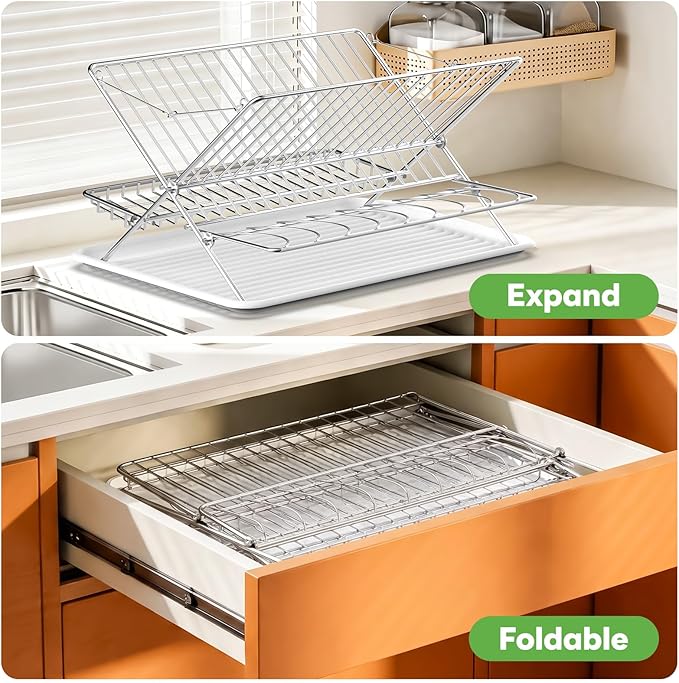 Over The Sink Dish Drying Rack, Collapsible 3 Tier Dish Racks for Kitchen Counter, Stainless Steel Large Capacity Space-Saving Sink Shelf Organizer with Utensil Holder and Drainboard (Upgraded)