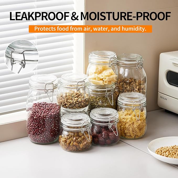 5 Pack 25oz Food Storage Jars with Airtight Lids, Preserving Seal Wire Clip Fastening Glass Containers, Canisters for Kitchen Organization, Flour, Cereal, Pasta, Sugar, Beans, Pickling Jars(25 Oz*5)