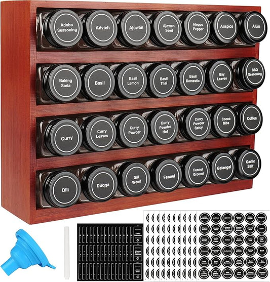 Bamboo Spice Rack Organizer with 28 Spice Jars, 780 Labels, 4 Tier Wood Hanging Shelf