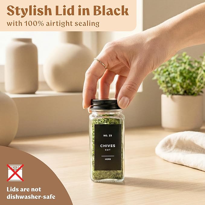 EDELHAUS Glass Spice Jars with Label and Black Aluminium Lids (24 x 4oz) Spice Containers with 240 Labels, Shaker Inserts, Steel Funnel, Empty Square Seasoning Organizer (Black Aluminium Lid)