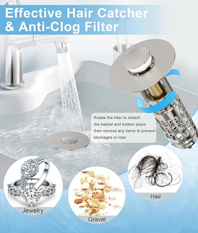 QYHNYJF Upgraded Bathroom Sink Stopper with Hair Catcher - Universal Pop-Up Drain Plug, Stainless Steel & Silicone Seal for 1.1-1.5 Inch Drains,Brushed Nickel Finish (Brushed Nickel)