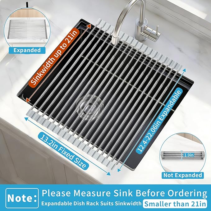 Expandable Roll-UP Dish Drying Rack-Large 304 Stainless Steel Dish Drainer Over The Sink for Kitchen Countertop,Extendable & Rollable & Food Grade (Silver,22.08'x 13.2')