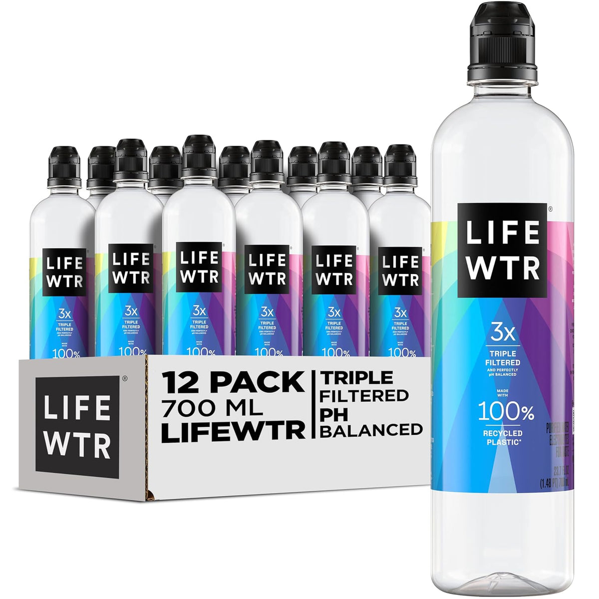 Premium Purified Water, pH Balanced with Electrolytes, 100% recycled plastic bottles, 23.7 Fl Oz Flip Cap Bottles, 700 mL (Pack of 12)