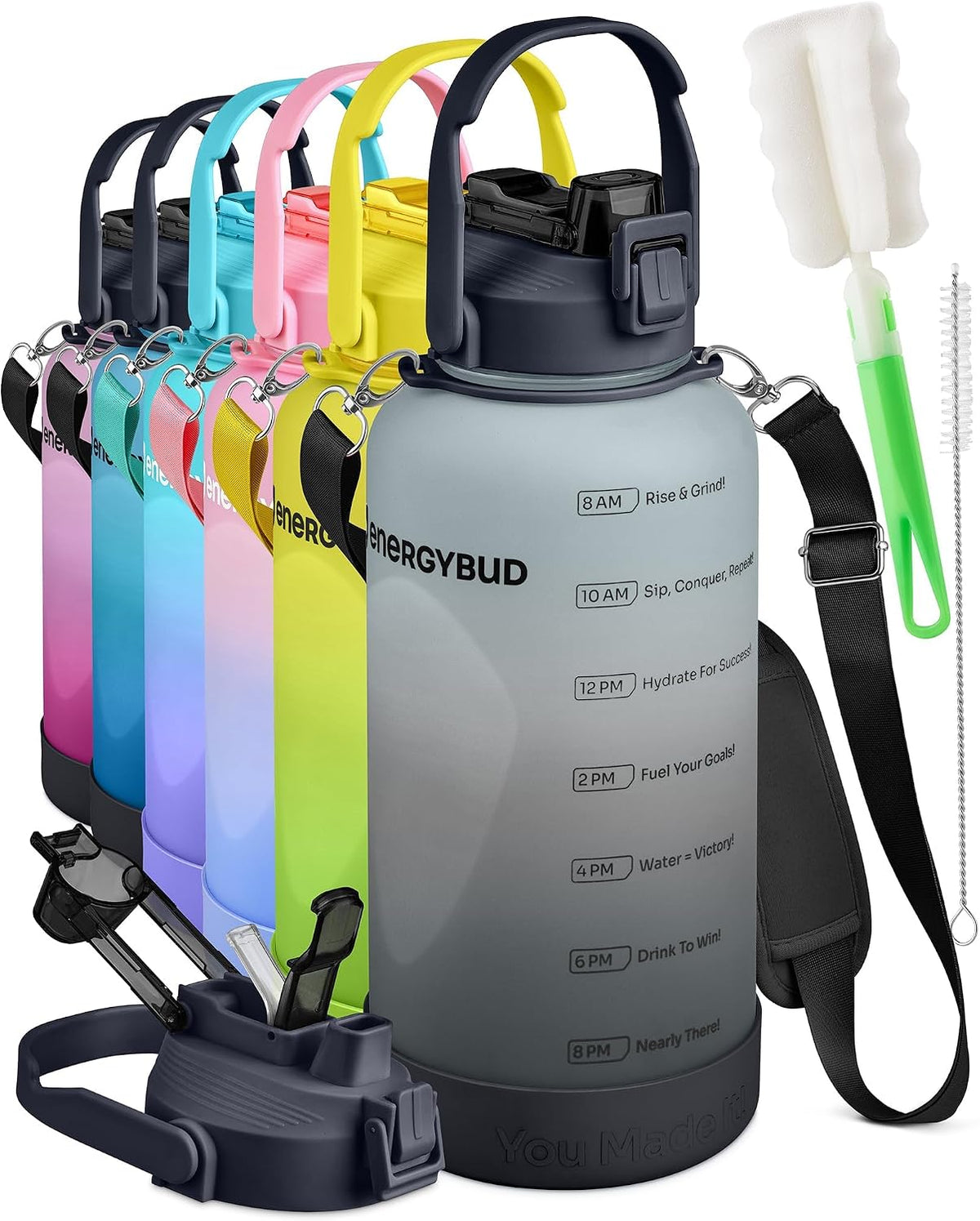 1 Gallon Water Bottle With Straw Dishwasher-Safe BPS & BPA Free, 2 Cleaning Brush Motivational 128oz Water Jug with Time Markers, Wide-Mouth Tritan, Gym & Exercise Equipment(Clear & Black)