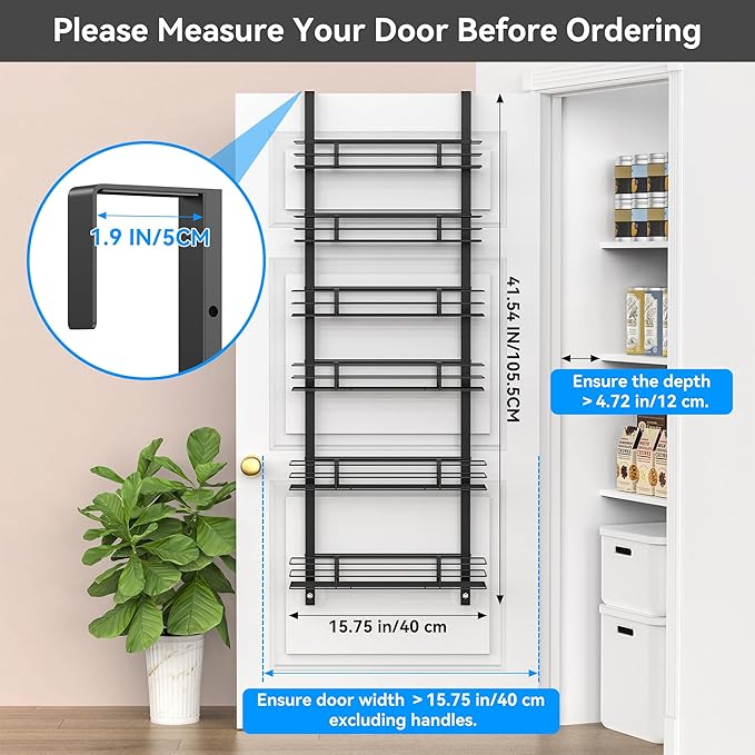 6-Tier Over The Door Spice Rack, Large-Capacity Adjustable Hanging Pantry Organizer 3 Size Baskets, No-Sway No-Drill Door Mount, Heavy-Duty Rustproof Steel, 15.75″ Wide, Black