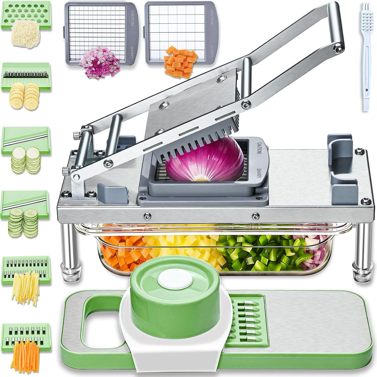 All-in-1 Vegetable Chopper with 8 Blades - Mandoline Slicer-Pro Food Chopper with Container - Veggie Salad Onion Chopper - Potato Dicer French Fry Cutter - Cheese Grater - Stainless Steel material