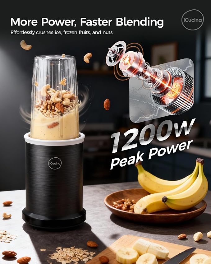 iCucina Smoothie Blender, 1000W Personal Blender for Shakes and Smoothies with 2 x 37oz Protable Cups and Lids, Single Serve Blenders for Ice Crushing, Bean Grinding, Frozen Fruit Drinks, Black