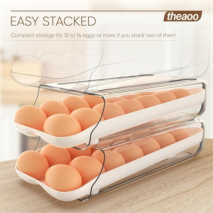 theaoo Egg Holder for Fridge, Automatic Rolling Egg Container for Refrigerator, Clear Plastic Egg Dispenser, Stackable Eggs Organizer with Quick Removable inner Tray For Organizers and Storage, 2 Pack