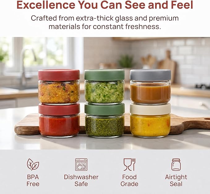 EONJOE 2 oz Glass Dressing Containers To Go Sauce Cups Mini Condiment Dip Jars with Lids Lunch Box Accessories,6-Pack