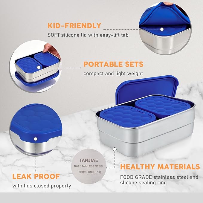 Tanjiae 3 CUP+1 CUP Stainless Steel Lunch Snack Containers Set | Leak Proof 304 Stainless Steel Food Containers with Silicone Lids - Perfect Metal Lunch Box for Home and Travel (25oz+8oz*2)
