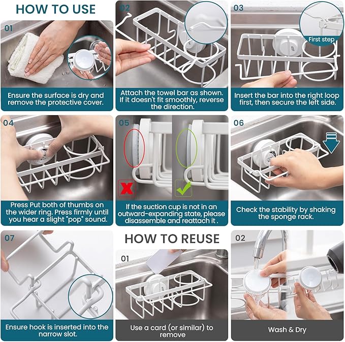 TAILI 4-in-1 Sink Caddy with Strong Suction Cup, Sponge Holder for Kitchen Sink Organizer, Removable, Rustproof, Stainless Steel Holder for Sponge, Brush, Scrubber, Scraper - White