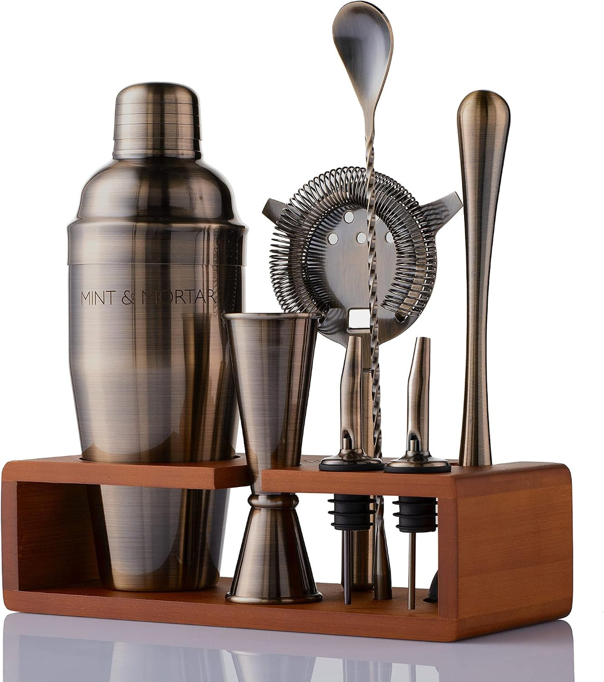 Cocktail Shaker Set, 7-Piece Stainless Steel Bartender Kit with Bamboo Stand, 24 oz Cobbler Shaker and Home Bar Tools, Brushed Gold