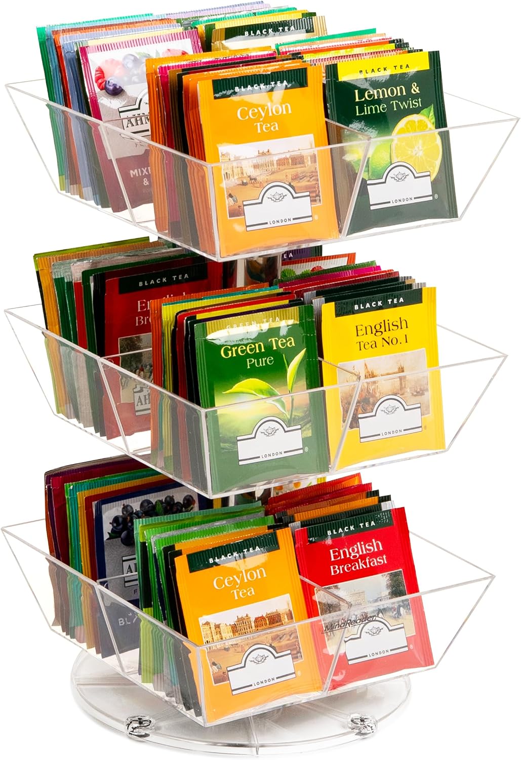 Tea Bag Carousel, 3 Tier Clear Acrylic Organizer with 12 Compartments, 360° Rotating Tea Station for Countertop Storage