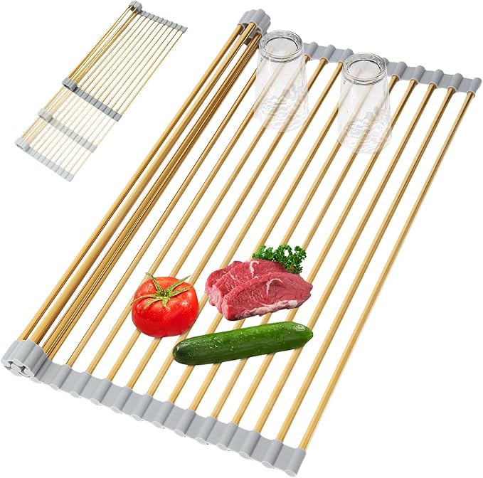 Golden Expandable Roll-UP Dish Drying Rack-Large 304 Stainless Steel Dish Drainer Over The Sink for Kitchen Countertop,Extendable & Rollable & Food Grade (Gold,22.08'x 13.2')