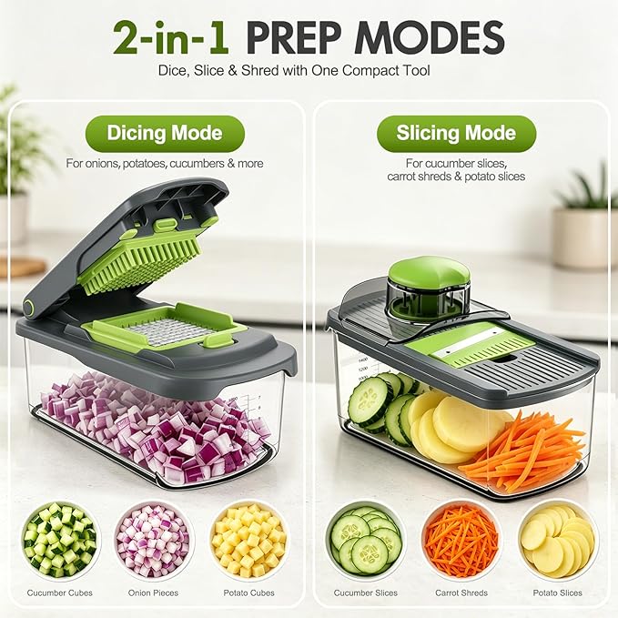 Ourokhome Food Chopper Manual Hand with Container, Mandolin Vegetable Slicer Onion Dicer with 8 Blades, Veggie Shredder for Potato, Tomato, Essential Kitchen Gadgets (8 in 1, Gray)