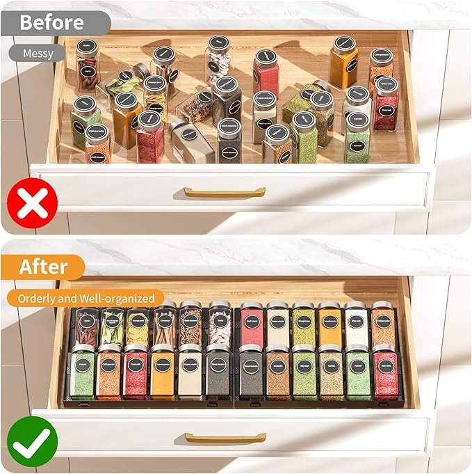 RCHYFEED 4 Tier Spice Drawer Organizer, (Need 3.5" Deep Drawer) 4 Pack Metal Non-Slip Spice Rack for Drawer Free Combination, Adjustable Spice Rack Drawer Insert, Spice Organization for Drawer