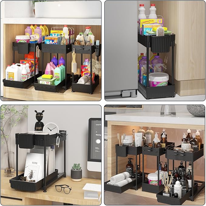 Sevenblue 3 Pack Under Sink Organizers, 2-Tier Multi-Use Kitchen and Bathroom Organizers and Storage with Sliding Drawers, Bathroom Cabinet Organizer (Black, 14.8 Inch)