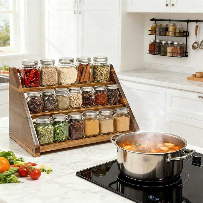 Acacia Wooden Spice Rack for Countertop - 3 Tiered Spice Rack Organizer for Cabinet - Kitchen Spices Organizers Holds 21 Jars - Spices Shelf for Kitchen Storage Pantry Seasoning Organizer