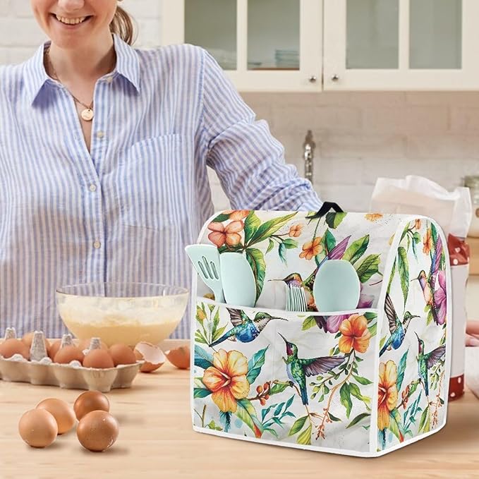 Hummingbird Flower Stand Mixer Cover with Pocket and Handle Small Appliance Dust Covers Machine Washable Kitchen Mixer Accessories Suitable for 6-8 Quart Coffee Makers