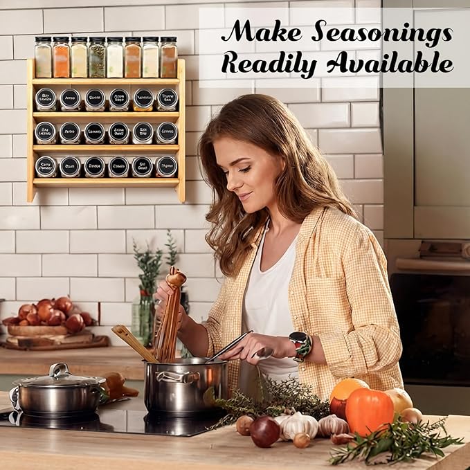 Gerrii 4 Tier Bamboo Spice Rack Organizer for Cabinet Wall Mounted, Large Capacity Spice Shelf for 28 Jars, Farmhouse Kitchen Aesthetic, Natural Bamboo Seasoning Shelf, Kitchen Countertop Space Saving