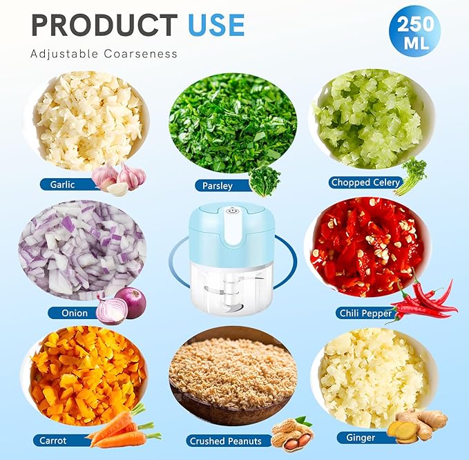EASYSPEED Electric Garlic Chopper 1Cup, Mini USB Charging Wireless Food Processor with 304 Stainless Steel, 3 Sharp Blades, Portable Kitchen Vegetable Grinder for Onion, Garlic, Ginger, Baby Food