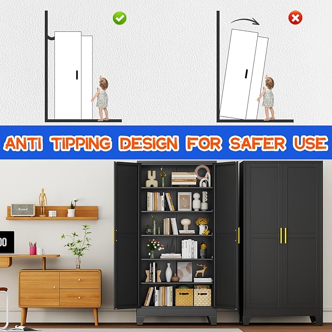 GAIOUS 75.2" Tall Metal Storage Cabinet with 2 Doors and 5 Adjustable Shelves, New upgrade Kitchen Pantry Cabinet, Black Freestanding Cupboard, 6 Tier Steel Storage for Office, Kitchen, Dining, Garage