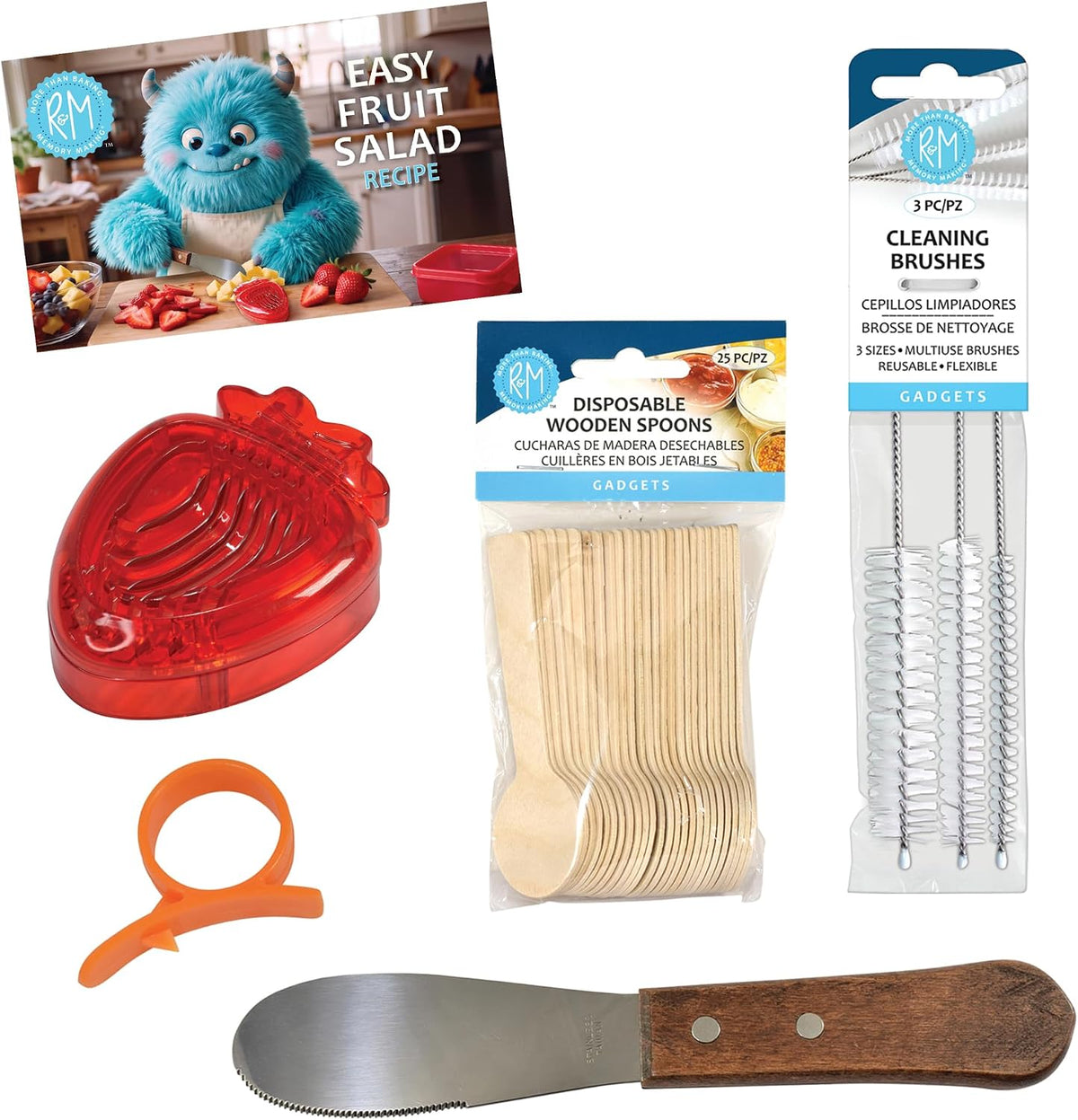 School Lunch Kitchen Gadget 5-Piece Gift Set – Includes Sandwich Spreader, Strawberry & Egg Slicer, Disposable Wood Spoons, Cleaning Brushes & Orange Peeler