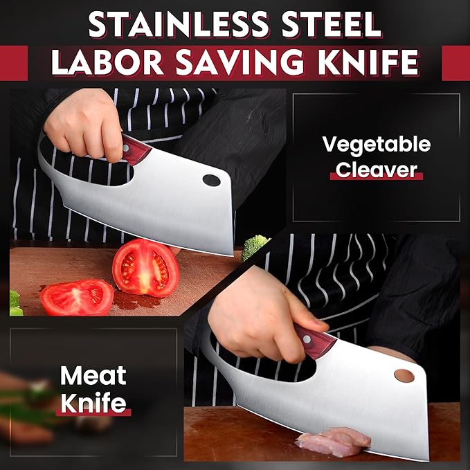 ROCOCO Easy Handle Meat Cleaver - Effort Saving Chef Knife Unique Professional for Kitchen Cutting Meat Vegetable Gift Red Full Tang Stainless Steel 7.48"